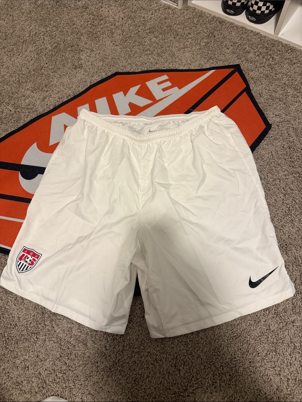 Nike Men’s White Athletic Shorts with Black Swoosh and US Soccer